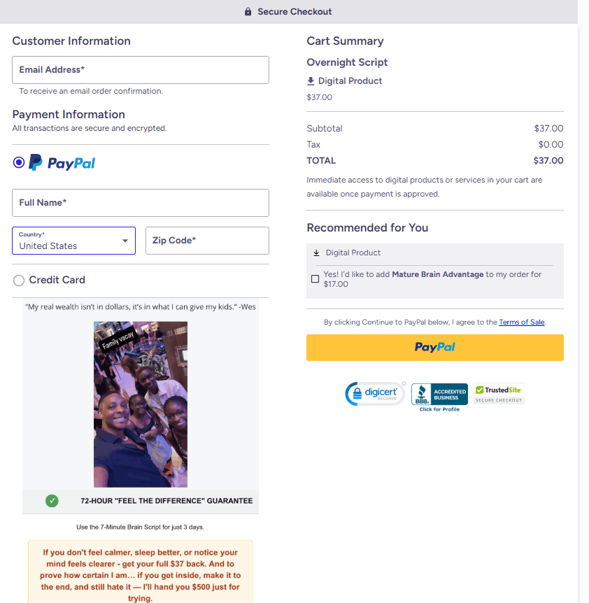 Overnight Script Checkout Page